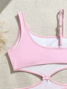 Pink Casual Tween Girls Solid One-Piece Swimsuit Pink Starfish Cut-Out Camisole One-Piece Swimsuit + Matching Sarong Two-Piece Set, Sweet Vacation Style Girls' Swimwear Pink Tween Swimsuit Teen Girl Resort Wear Teen Girl Swim Dress Two Piece Bathing Suit Light Pink Girl Solid Color Bathing Suits Pink Bathing Suit Starfish Bathing Suit Swimsuits Pink - Baby Pink - View 5