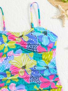 SHEIN 2pcs/Set Tween GirlsTropical Floral Elastic Quick Dry Comfortable Knit Fabric Tween Girl) Camisole Bikini Top, Suitable For Beach, Pool, Seaside, Surfing, Vacation, Summer, Travel Tween Girls Printed Swimwear 2 Pieces Bathing Suit For Girls Tankini Tween Girl Swimwear Two Pieces Summer Two Pieces Set Teens Swim Suit Girls Tropical Set Girls One Piece Summer Outfit Multicolor Swimwear Bathing Suit Full Piece Kids Tween Girl Marble Print One Piece - Multicolor - View 5