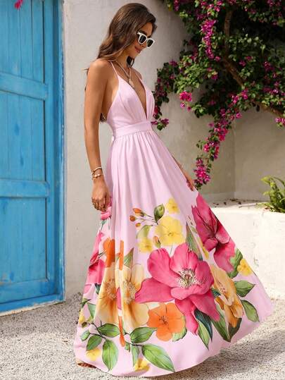 Vivid Eden Women's Floral Print Cinhing Waist Halter Backless Dress, Suitable For Summer Vacation Women Vacation Dresses Floral Long Dress Summer Maxi Dress Women Long Dress Summer Flower Dress Woman,Women's Elegant Clothing For Spring To Summer,Summer Dress,Summer Dresses For Women,Summer Outfits,Spring Outfit Women,Spring Break Outfits,Spring Dress Women,Valentine Outfits For Women,Carnival Women Look 2026,Beach Dress,Elegant Party Dresses For Women,Weddings & Events,Vacation Dress