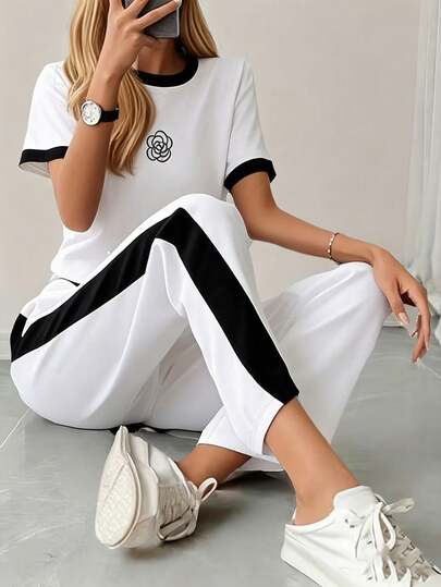 EMERY ROSE 跨境新款女装套装，撞色设计，短袖上衣和裤子，休闲运动两件套