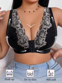 DesireSculpt 1pc Plus Size Wireless Lace Patchwork Front Closure Casual Comfortable Bra - Black - View 4
