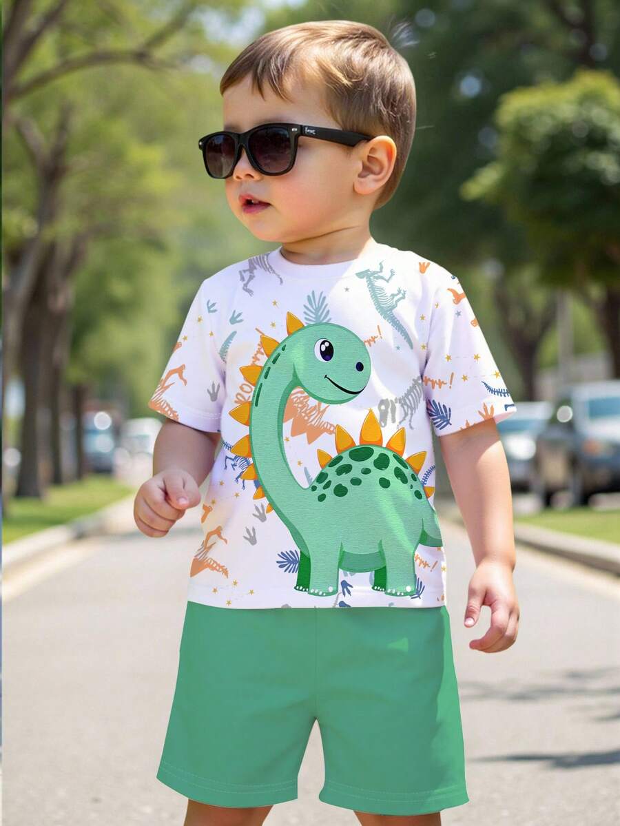 一套男婴休闲卡通恐龙印花短袖圆领T恤和短裤套装，恐龙主题服装，适合夏季户外穿着 - 彩色 - 查看 1