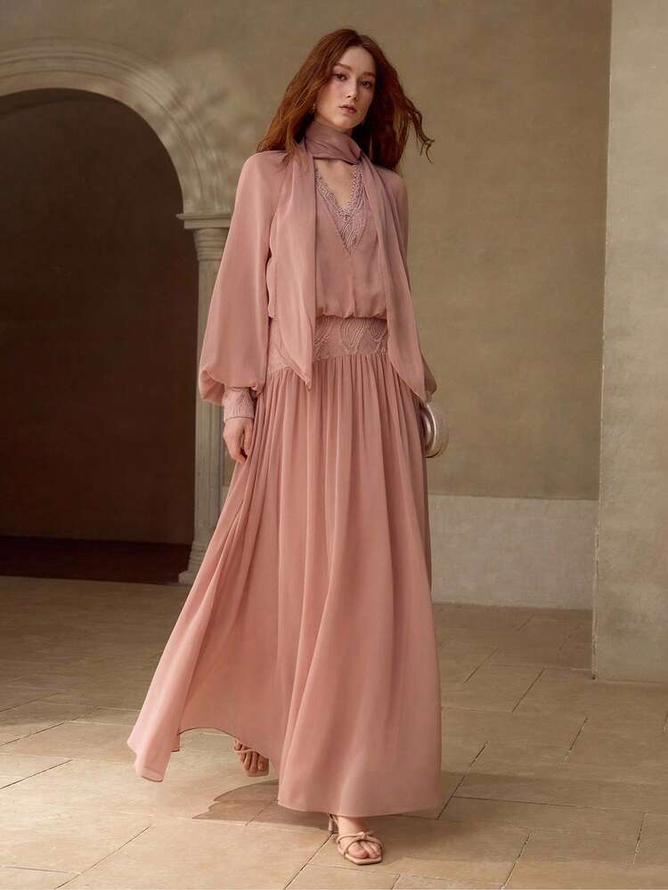 NEW CHIFFON LACE WAIST LANTERN SLEEVE V-NECK ELEGANT DRESS, SPRING/SUMMER