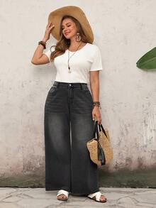 SHEIN Tall CURVE 高个子加大码春夏度假女式宽松口袋阔腿休闲舒适黑色直筒牛仔裤 - 黑色 - 查看 6