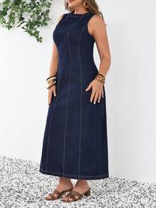 SHEIN Tall CURVE 春夏女士加大码无袖优雅牛仔度假休闲夏季长裙 - 深色水洗藍 - 查看 4