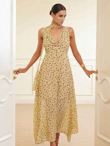 Revavyn 时尚休闲随机水印波点荷叶边领收腰长款无袖连衣裙，欧美风，秋冬款 - 彩色 - 查看 6