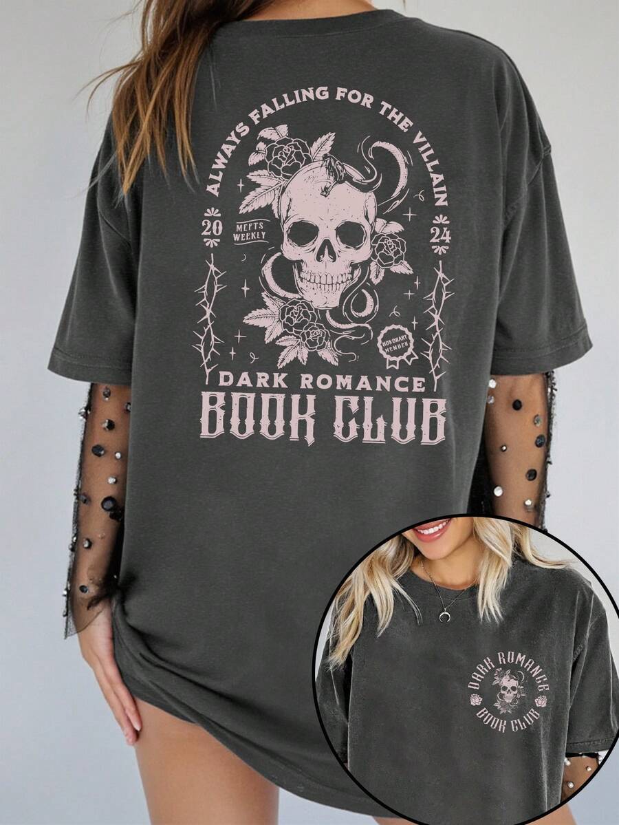 EMERY ROSE Plus Size Halloween T-Shirt, Plus Size Streetwear Graphic Tee, Cute Summer Top, Vacation Vibe - Dark Grey - View 1