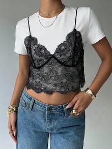 Aloruh Top d'été femme à manches courtes avec panneau en dentelle 2 en 1, Top ajusté col rond - Noir et Blanc - Voir 4