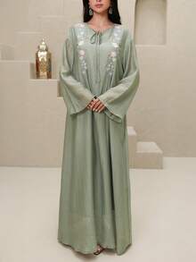 Yasmyna Women's Elegant Floral Embroidered Turkish Maxi Dress & Arabic Traditional Abaya - Green - View 4