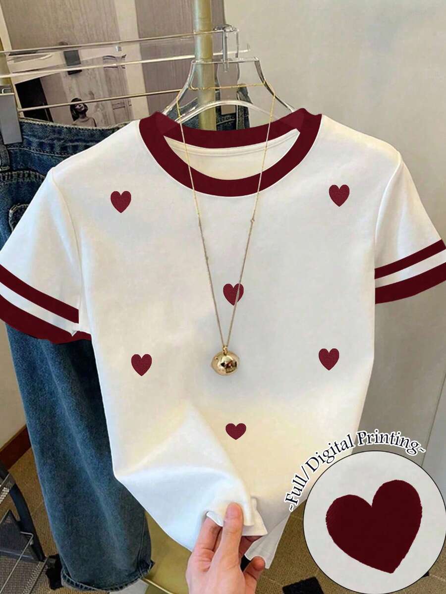 Áo thun nữ tuổi teen in hình trái tim, kiểu dáng rộng rãi, phối màu tương phản, cổ tròn. - Nhiều màu - Xem 1