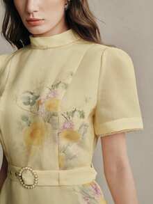 Anewsta Women's Light Yellow Woven Fabric Midi Dress With Belted Waist And Flared Hem Floral Pattern - Light Yellow - View 5