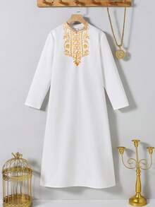 Vacaura 中东风格男童长袍，饰有花卉滚边，半开领长衬衫，适合日常和节日穿着。 - 白色 - 查看 3