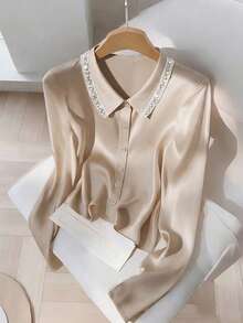 GlowEve CURVE 大码时尚休闲优雅法式浪漫复古通勤领水钻蕾丝边衬衫 - 香檳色 - 查看 1