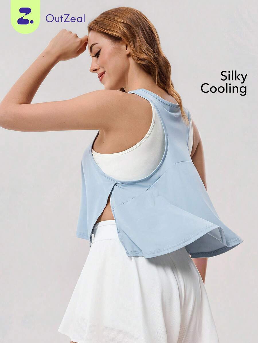 OutZeal 女士健身服运动背心黑色普拉提套装健身上衣凉爽飘逸下摆运动上衣 - 藍色 - 查看 1