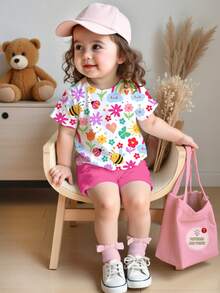 SHEIN 2pcs/Set Baby Girl Casual Cute Floral, Face, Rainbow, Insect, Butterfly Print Round Neck Short Sleeve T-Shirt And Shorts Set, Suitable For Spring/Summer Daily & Vacation