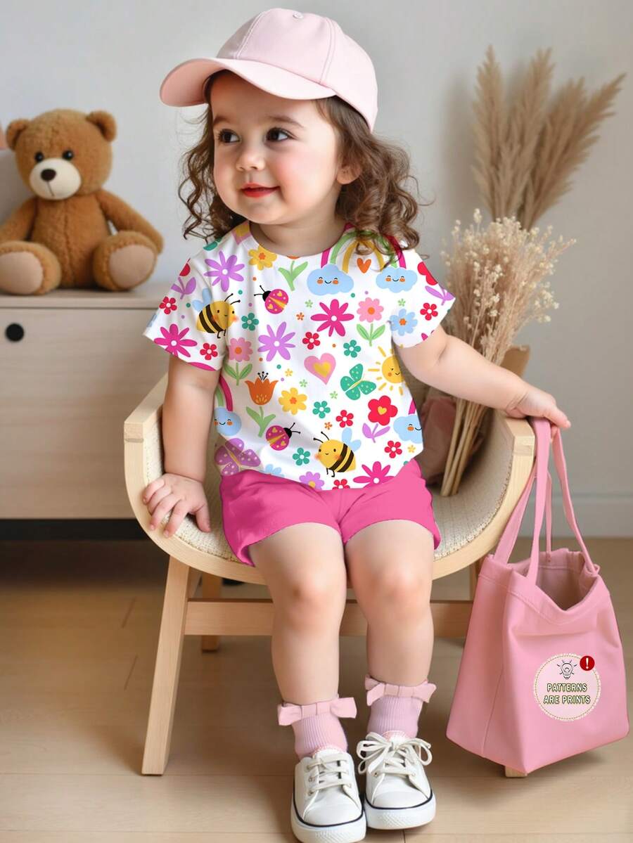 SHEIN 2pcs/Set Baby Girl Casual Cute Floral, Face, Rainbow, Insect, Butterfly Print Round Neck Short Sleeve T-Shirt And Shorts Set, Suitable For Spring/Summer Daily & Vacation