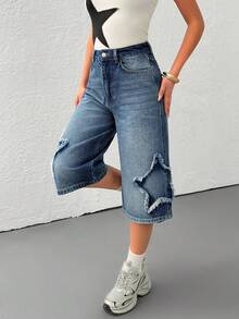 EURMUSE 100%Cotton Women's Casual Bermuda Knee Length Light Wash Shorts Star Detailed - Medium Wash - View 1
