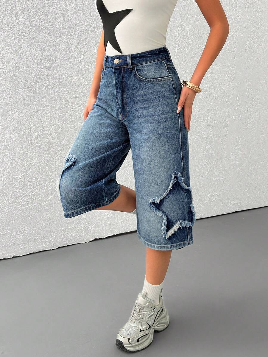 EURMUSE 100%Cotton Women's Casual Bermuda Knee Length Light Wash Shorts Star Detailed - Medium Wash - View 1