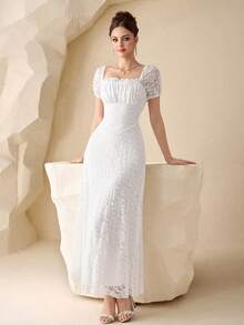 Modelyn 白色蕾丝泡泡袖收腰法式浪漫性感优雅公主裙