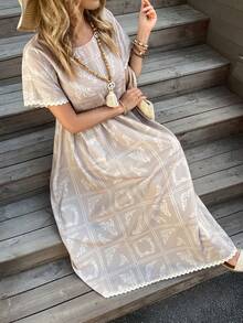 Livesso 女士圆领蕾丝拼接腰部印花中长连衣裙 - 杏色 - 查看 2