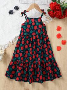 SHEIN Elladie kids Đầm midi hai dây in hoa thanh lịch, thời trang, thoải mái, trang trí hình bướm cho bé gái. - Màu xanh hải quân - Xem 4