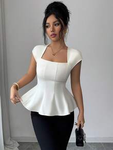Elenzga Blouse femme à col carré de couleur unie, taille à plusieurs coutures, coupe évasée à ourlet parapluie, manches courtes, couleur abricot. Style élégant et raffiné, rétro français, romantique minimaliste. Convient pour le bureau, les déplacements, les affaires, les sorties casual, la plage, les rendez-vous, le printemps/été - Nude - Voir 4