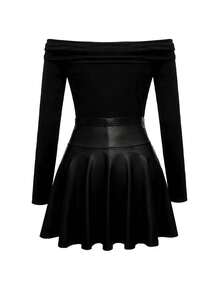 GlowEve 秋冬新款法式优雅女士时尚针织弹力亮面露肩褶皱修身T恤+弹力腰A字迷你裙两件套，百搭 - 黑色 - 查看 3