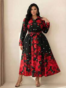 DreamSkyne 大码女士优雅玫瑰印花修身长裙，别致法式衬衫裙，适合春夏、返校、毕业典礼、假期、情人节、音乐节、母亲节、万圣节、感恩节、复活节、国庆节、舞会、约会、派对、婚礼、户外活动等场合。 - 彩色 - 查看 2