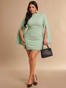 SHEIN BAE Plus Size Women Elegant Solid Color Split Sleeve Fitted Dress - Mint Green - View 6