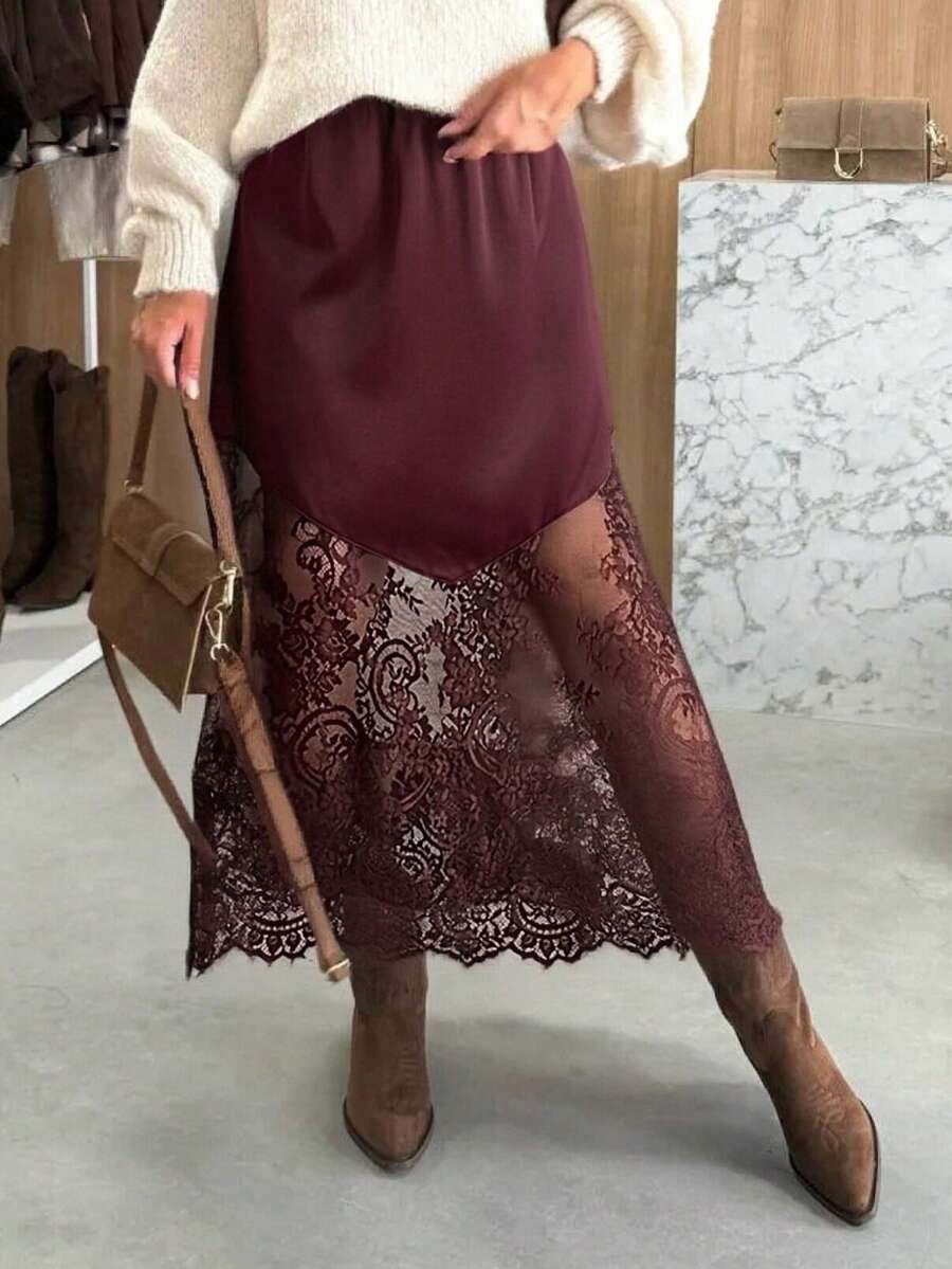 Siren Gaze 女士时尚酒红色弹力腰纯色透视蕾丝半身裙优雅高腰半身裙女士春夏蕾丝长裙酒红色半身裙酒红色半身裙酒红色半身裙蕾丝半身裙女士优雅半身裙情人节女士夏季假日透视半身裙酒红色蕾丝半身裙酒红色蕾丝半身裙 - 酒紅色 - 查看 1