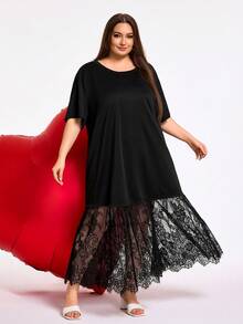 SHEIN CURVE+ 加大码/情人节/大码女式长裙，二合一连衣裙，蕾丝拼接连衣裙，透明女式连衣裙，黑色连衣裙，春夏女式连衣裙，生日女式连衣裙，节日黑色连衣裙，优雅 - 黑色 - 查看 4