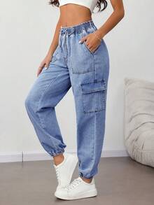 SHEIN Tall Women's Casual Washed Drawstring Waist Flap Pocket Cuffed Hem Jeans, Summer - Medium Wash - View 5