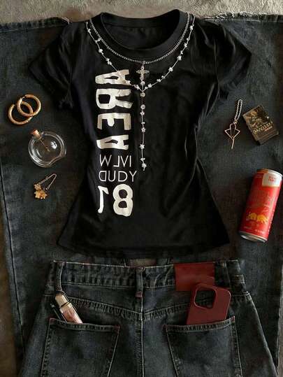 Noixe Y2K Retro Letter Graphic Comfortable Colorful Pattern Crew Neck Casual Streetwear Top For Women, Suitable For Daily Streetwear