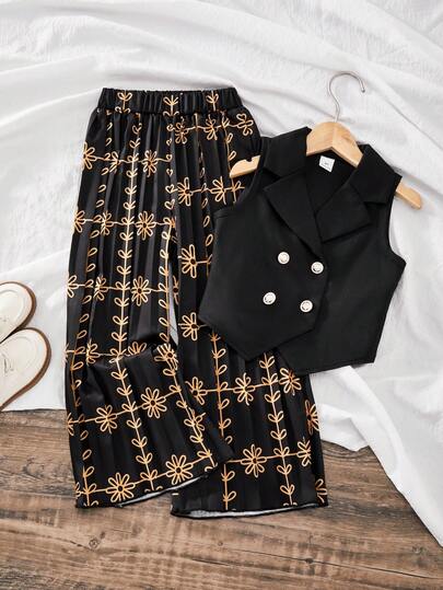 SHEIN Casuvi Kids 女童两件套：复古风印花褶裥阔腿裤搭配纯色梭织翻领背心外套，适合日常休闲穿着，四季皆宜。