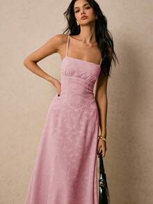 Poéselle Women's Elegant Jacquard Waist Cinching Midi Slip Dress, Suitable For Parties And Events - Pink - View 2