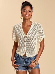 Travachic Women's Solid Color Hollow Out Single-Breasted Bat Sleeve Knit Top, Vacation Casual Terno For Women, Summer Holidays, Spring Breaks, Party, Beach, Spring , Valentine's Day, Valentines For Women, Carnival Costume, Elegant, Carnival, Spring To Summer , Party, Mexican Style - Apricot - View 4