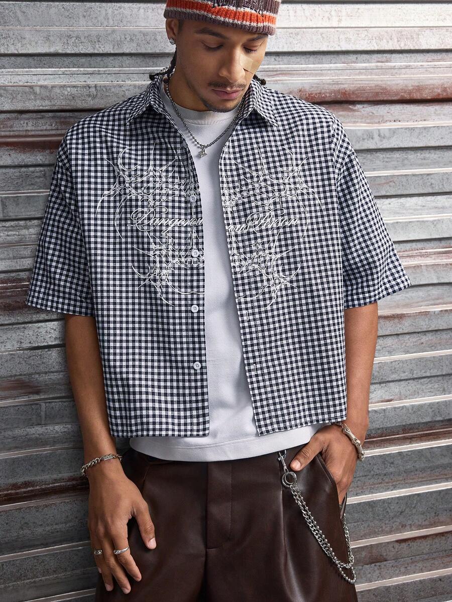 AXEPEAK Men's Plaid & Graphic Print Button-Front Casual Short Sleeve Shirt - Blue - View 1