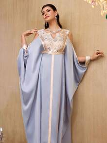 Al Najma Elegant V-Neck Shoulder-Revealing Jacquard Splice Ribbon Decor Dress, Spring/Summer - Blue - View 3