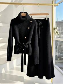 GlowEve CURVE Early Spring New Stylish Design Oblique Placket Metal Button Black Turtleneck Long Sleeve Sweater Paired With Waist Tie Black A-Line Skirt Women Faux Fur Sweater Set