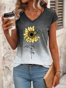 EMERY ROSE 女士休闲度假风渐变向日葵、蝴蝶和字母印花V领短袖T恤，夏季 - 彩色 - 查看 1
