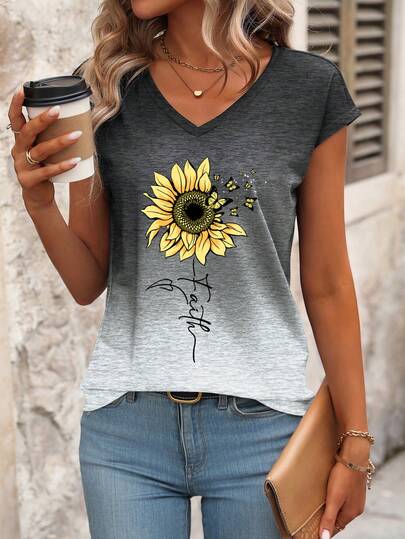 EMERY ROSE 女士休闲度假风渐变向日葵、蝴蝶和字母印花V领短袖T恤，夏季