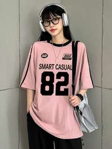 DAZY Camiseta suelta de manga corta con bloqueo de color y estampado de letras para mujer, primavera/verano - Rosa - Ver 5