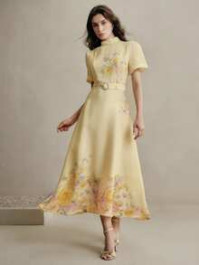 Anewsta Women's Light Yellow Woven Fabric Midi Dress With Belted Waist And Flared Hem Floral Pattern - Light Yellow - View 3