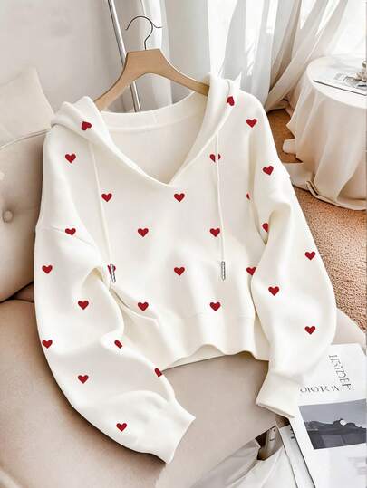 Almamuse Plus Size Women Casual Outdoor Sweatshirt, Autumn/Winter New, Heart Print Pattern Design, Cute & Fresh Style, White, Plus Size Women Short Sweatshirt