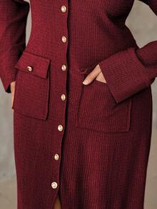 Roveilla 大码女式纹理面料圆领前扣金属腰带开衩口袋实用连衣裙，长袖，适合通勤、商务、度假、休闲、秋冬、圣诞节、新年等场合。酒红色女式连衣裙，酒庄风格女装，酒红色女装，长袖女式连衣裙，西部风格女式连衣裙，大码西部风格女装，纽扣前开襟女式连衣裙，红色长裙 - 酒紅色 - 查看 7