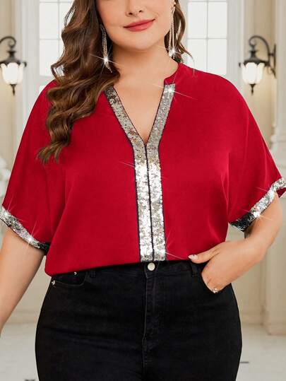 SHEIN Clasi Plus Size Women's Sequin Patchwork V-Neck Short Sleeve Elegant Blouse