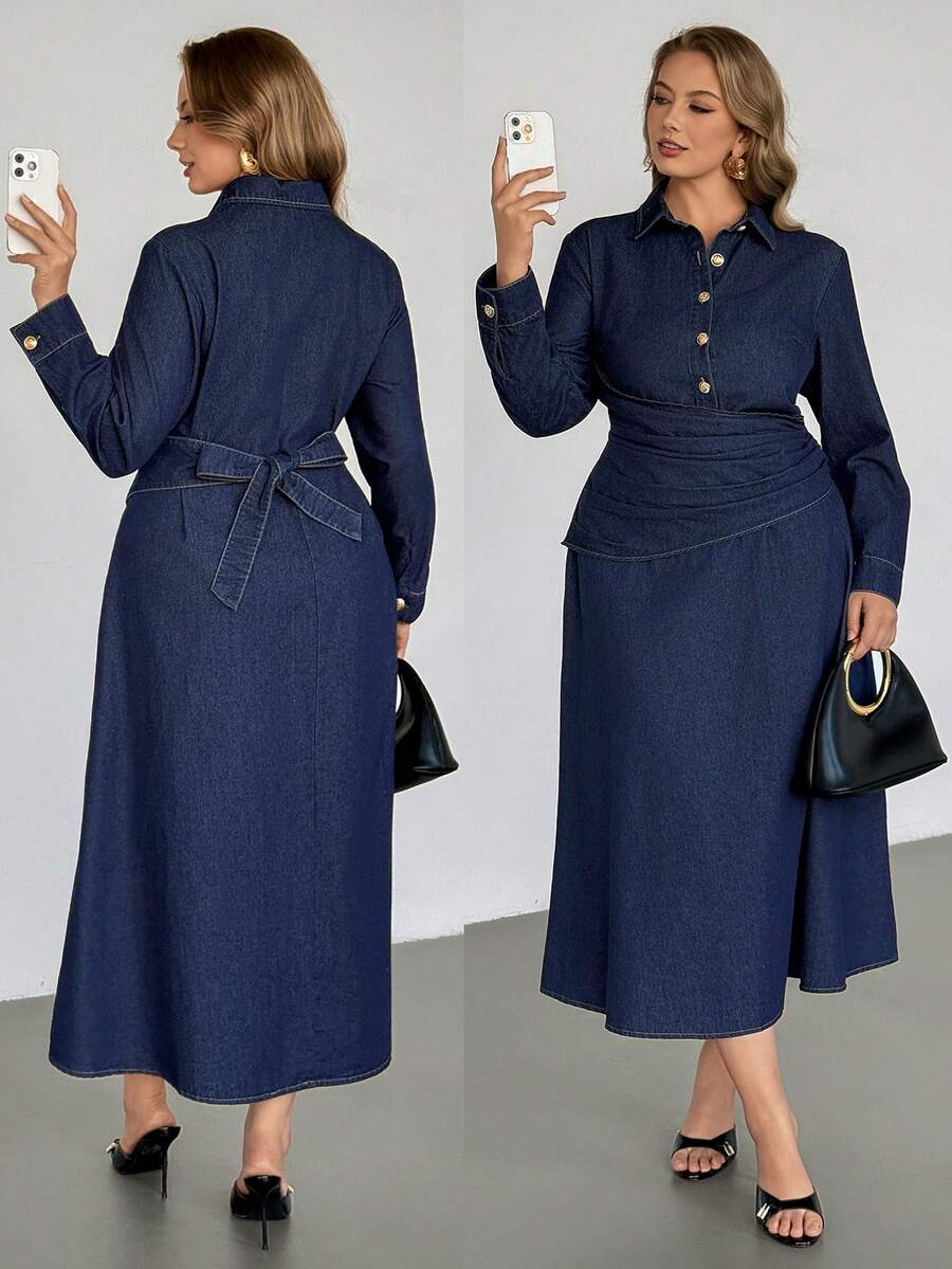 Auralis 大码女式时尚休闲单排扣长袖牛仔连衣裙，春夏情人节狂欢节服装，通勤度假毕业典礼时尚Y2K可爱街头风派对婚礼优雅商务休闲女式牛仔纽扣连衣裙，翻领长袖系带腰身细节 - 藍色 - 查看 1