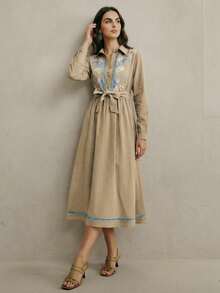 Anewsta 女士优雅刺绣镂空腰果花收腰长袖衬衫裙 女士刺绣连衣裙 波西米亚风连衣裙 - 綠色 - 查看 4