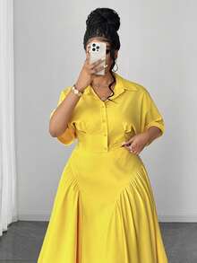 Maweii Women's Spring/Summer Vacation Minimalist Fashion Short Shirt Collar Blouse & Asymmetric Hem Loose Midi Skirt Set, Yellow Casual Daily Wear, New Design Plus Size Two Pieces Brunch Outfits For Curve Lemon Dress Plus Size Yellow Dress Curve - Yellow - View 4