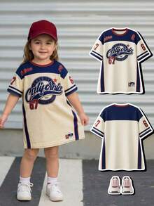 SHEIN Baby Girl Casual Fashion Street Style American Letter Print Loose Fit Drop Shoulder T-Shirt Dress, Summer - Multicolor - View 1